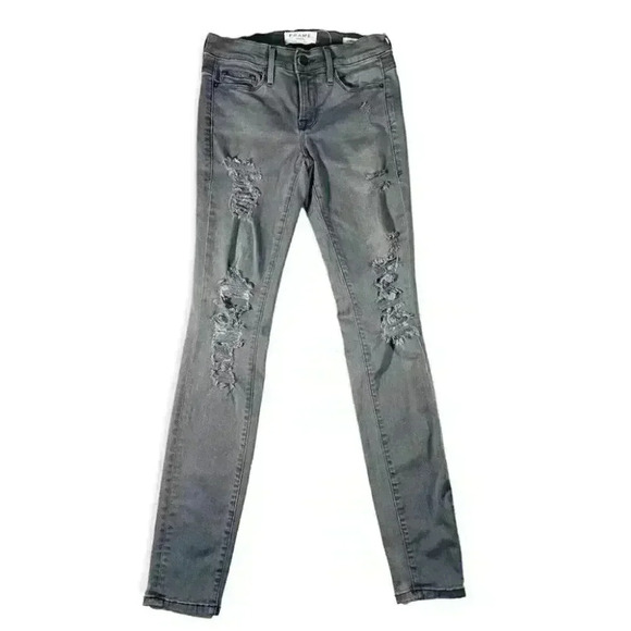 Frame Denim Le Skinny Jeans in Grey Shred Distressed Lightweight Denim - Picture 1 of 7